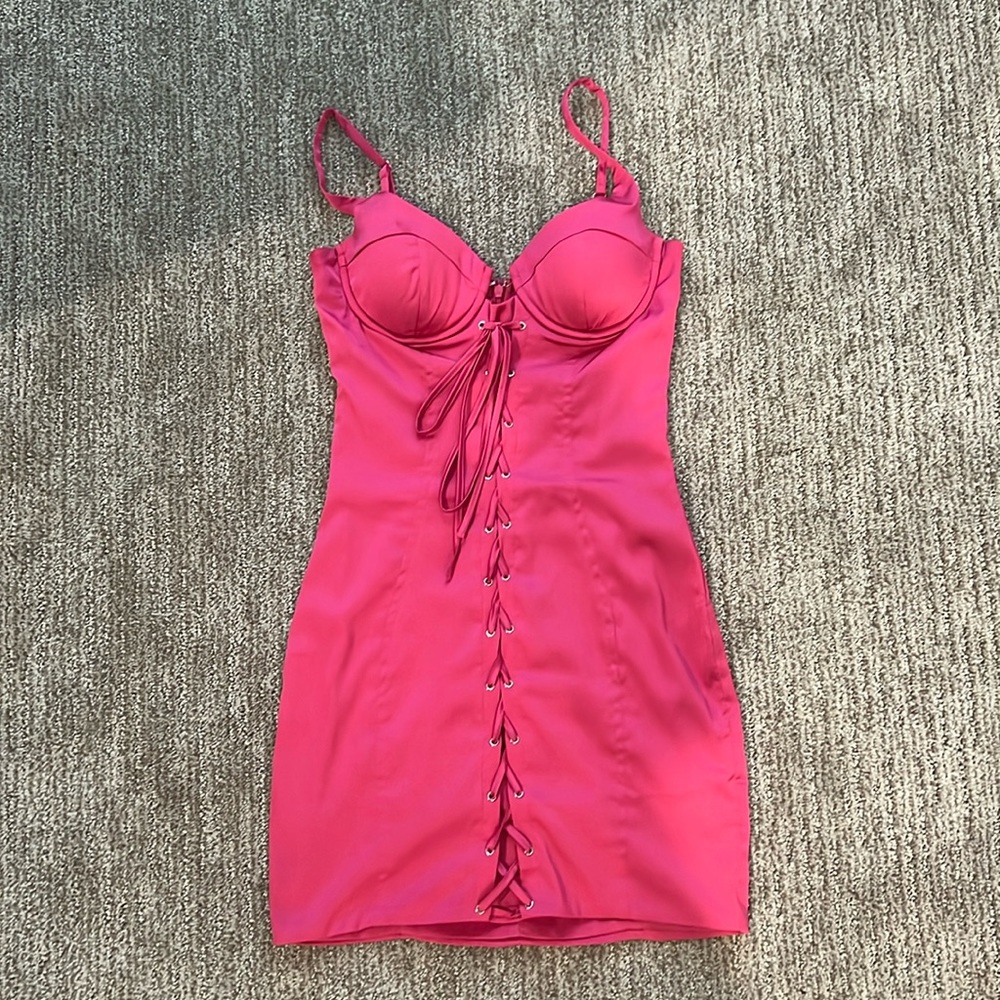Vintage Love Lace Up Satin Mini Dress in Pink